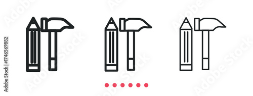 Pencil and hammer icon. Thin line icon vector