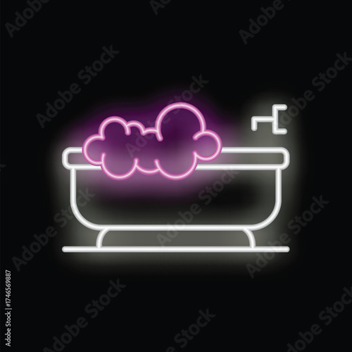 Neon sign of a bathtub full of bubbles, representing relaxation, hygiene, and self care