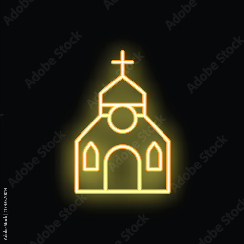 Bright neon yellow church building sign glowing on a black background
