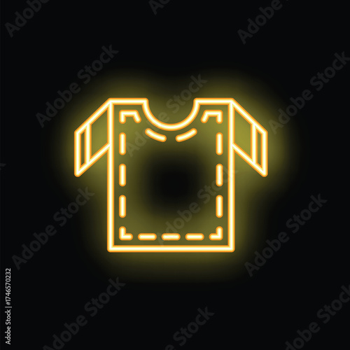 Bright yellow neon sign showing a simple t shirt design, glowing on a black background