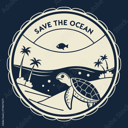 Adorable sea turtle swims in ocean waves near palm trees with a fish swimming above, promoting conservation efforts.