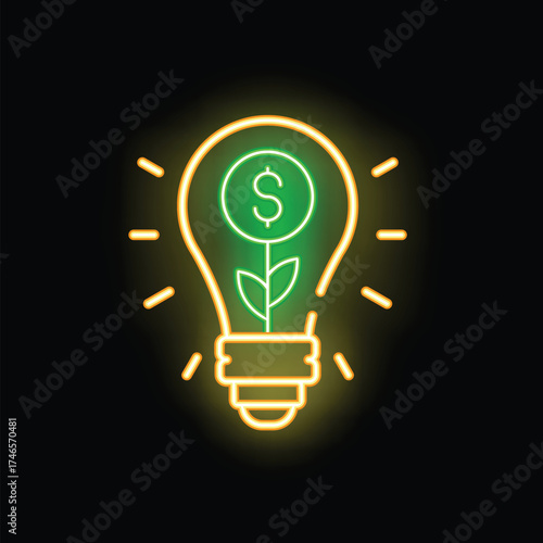 Neon glowing lightbulb with money plant inside representing profitable investment idea