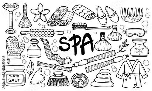 Spa and massage hand drawn elements set. Outline bath tools clipart concept collection.