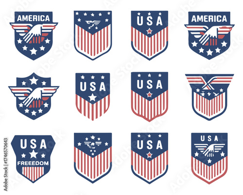 USA Shield and Freedom Logo Set with Patriotic American Badges