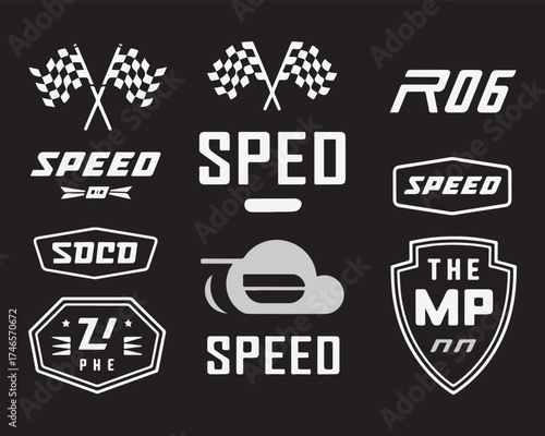 Racing Speed Silhouette Emblems with Motorsport Flags and Icons