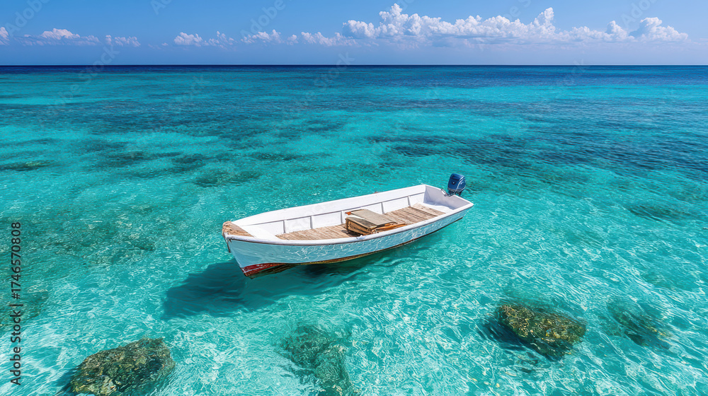 Fototapeta premium Serene boat floating on clear turquoise water, revealing vibrant underwater world