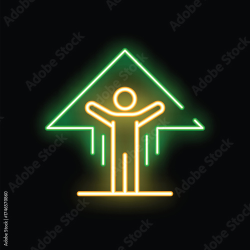 Neon sign representing a person raising arms under a growing up arrow, a concept for success, growth, achievement and personal development