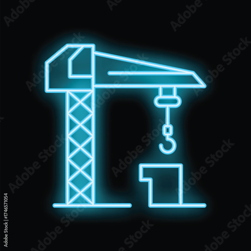 Neon blue icon of a construction crane lifting a concrete block, glowing on black background