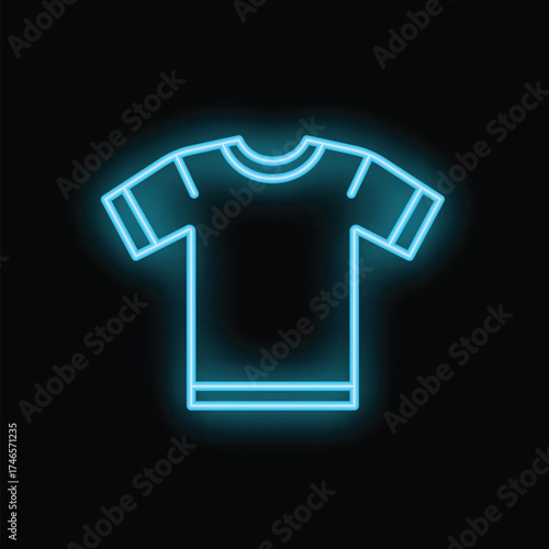 Blue neon sign of a t shirt glowing on a black background