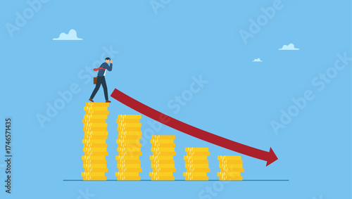 Businessman on money coins stack wealth losing value. Loss money investment mistake failure, risk or debt crisis recession, expense or spending causing money decrease or decline, bankruptcy.