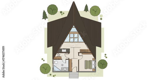 A top down architectural plan of a house with a sharply angled roof 