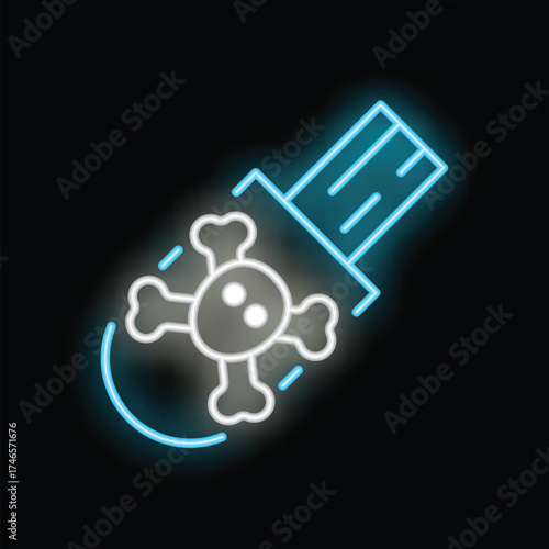 Glowing neon icon of a usb flash drive infected with a virus, representing a threat to data security