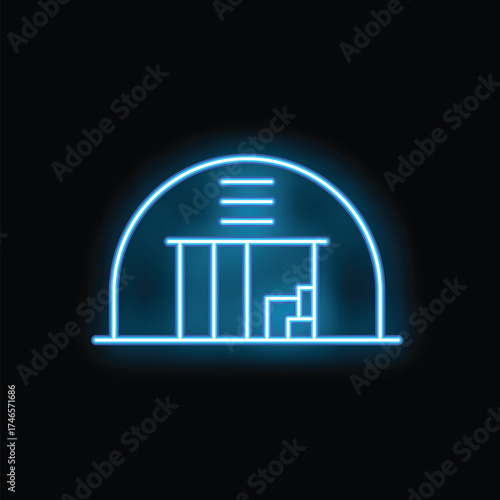 Glowing neon line warehouse building icon isolated on black background. Vector illustration