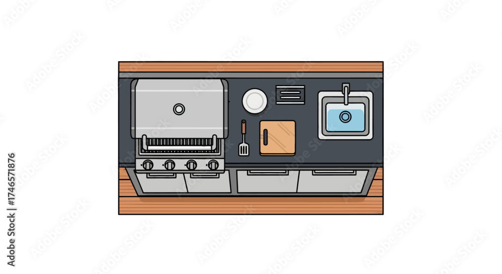 Fototapeta premium Modern outdoor kitchen setup with grill and sink