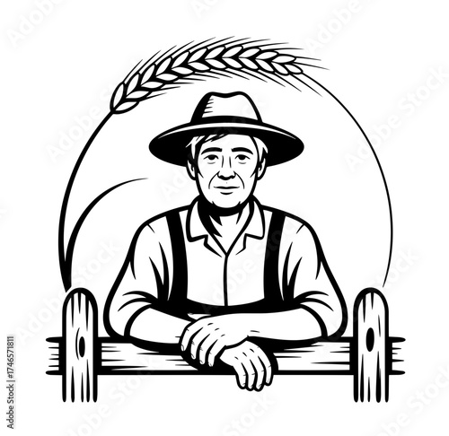 Happy farmer in hat engraving style. Hand drawn ink sketch. Vector logotype illustration.
