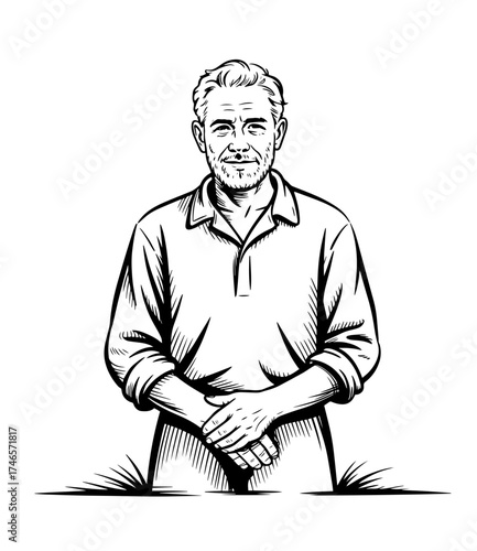 Happy farmer in hat engraving style. Hand drawn ink sketch. Vector logotype illustration.
