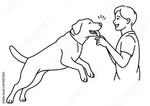 owner dog fun walk love one line art design vector	