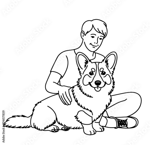 owner dog fun walk love one line art design vector	