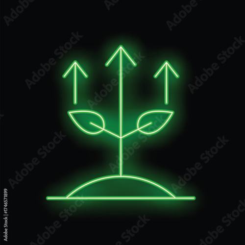 Green neon plant growing with up arrows over black background representing growth concept