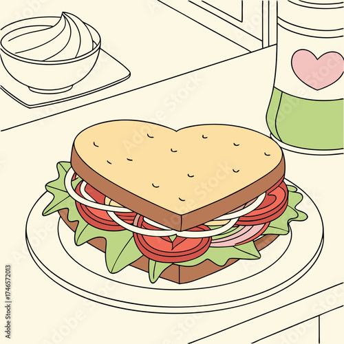 Delicious heart shaped sandwich bursting with fresh lettuce, tomato, onion, and ham, served with a creamy dip and a refreshing beverage.