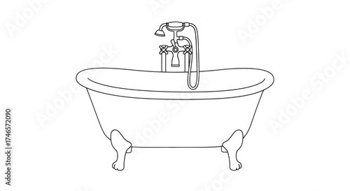 A line drawing of a clawfoot bathtub with a faucet and shower head on a white background