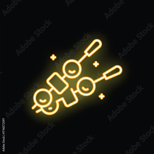 Yellow glowing neon sign representing skewers of meat and vegetables, an illustration of a street food stall