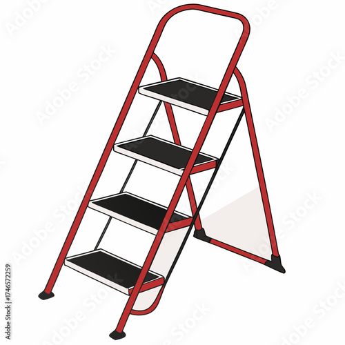 Red step ladder four steps for home improvement projects and reaching high places safely and efficiently