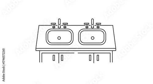 A simplistic line drawing showcasing a double sink 