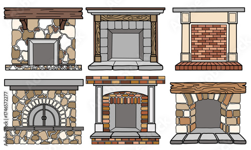 Vintage hand drawn cozy fireplace collection. Vector doodle illustration