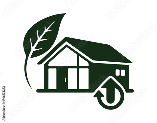 Eco-friendly house featuring a leaf icon outline and solid design