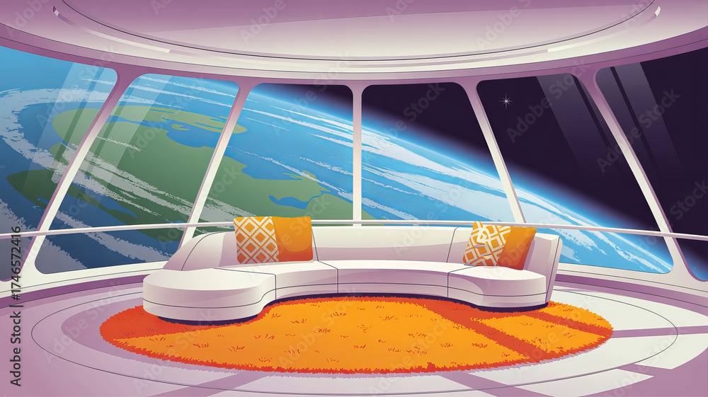 Obraz premium Futuristic Retreat: A modern living space showcases a curved sofa, set against a panorama of Earth and the cosmos, inviting relaxation.