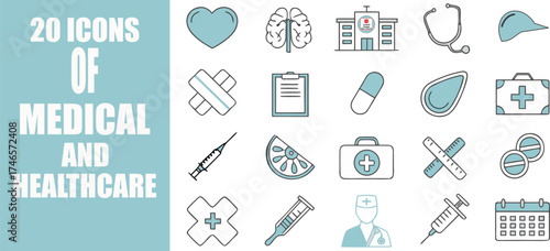 A collection of 20 medical and healthcare icons, including a heart, brain, hospital, stethoscope, and syringe, presented on a light blue background.