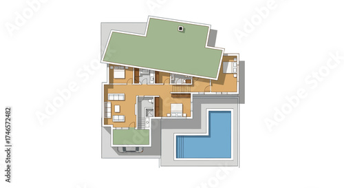 Overhead view of a house floor plan with a pool and multiple rooms on a white background illustration