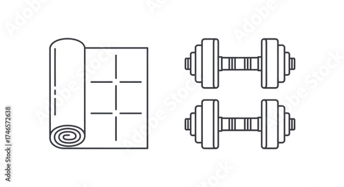 Two dumbbells and a rolled up yoga mat are displayed on a white background in a simple line drawing