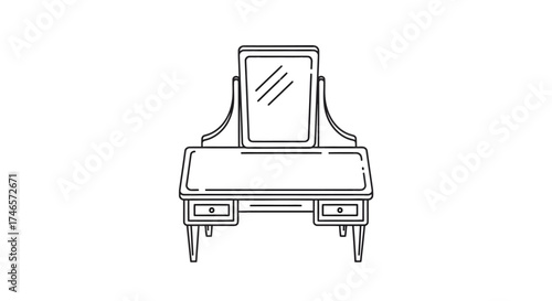 A simple line drawing of a vanity table with a mirror and drawers on a white background 