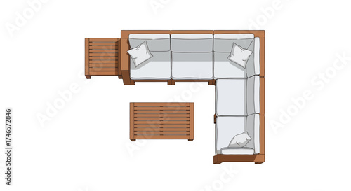 Aerial View of Outdoor Sectional Sofa with Coffee Table and Side Table on White Background