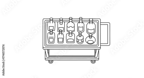 A black and white line drawing of a bar cart