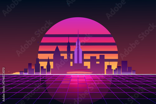 futuristic skyline silhouette in neon glow and grab