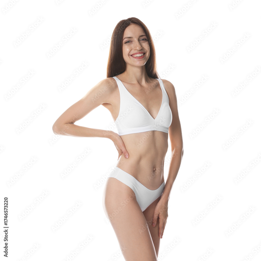 Fototapeta premium Woman with slim body on white background