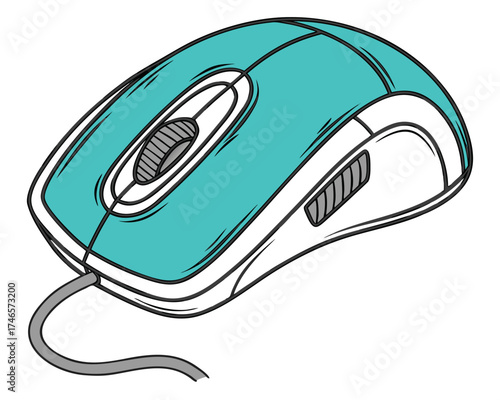 Illustration of a teal and white wired computer mouse with a scroll wheel and side buttons.