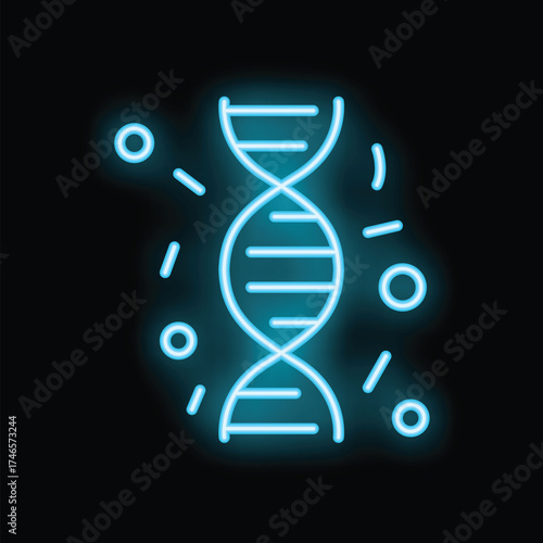 Blue neon dna helix glowing on black background representing genetics and biomedical research