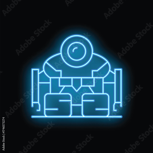 Glowing neon illustration of an astronaut venturing into the unknown, equipped with a jetpack and advanced spacesuit