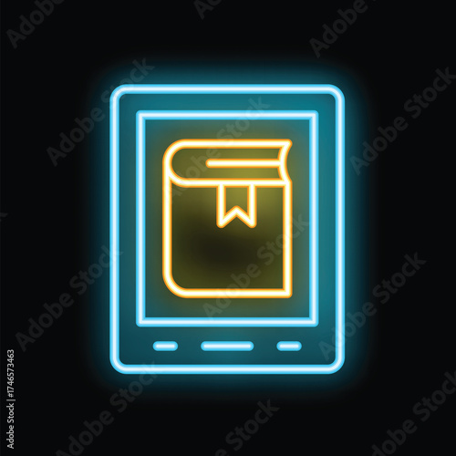 Neon e reader icon glowing on dark background, representing concept of online reading and digital books