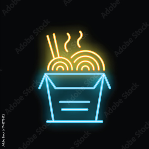 Neon sign representing steaming hot wok noodles in take away box, perfect for asian food