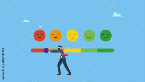 Man pushing rating bar to dissatisfaction level. Dissatisfaction, dislike or negative feedback, angry customer or dissatisfied employee, angry review, disappointment rating or complaint.