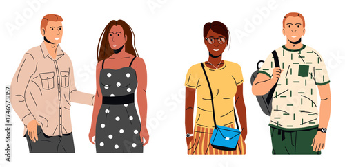 Collection of four diverse people, two men and two women, representing different ethnicities in flat style illustration concept.
