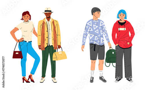 Diverse group of young people, two women and two men, standing together. Modern friendship and social connection concept. Flat vector illustration.