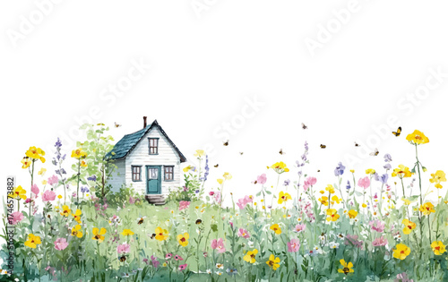 Watercolor flower meadow with cute house. meadow and field wildflowers with dandelions and grass. Rural house on the meadow. Summer landscape. Vector illustration.