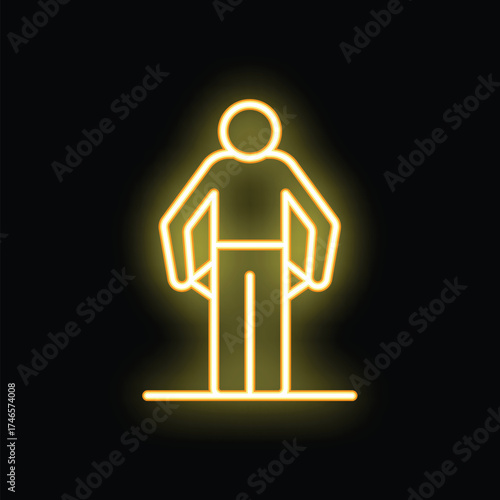 Yellow neon sign of a person showing empty pockets on a black background