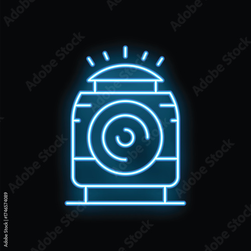 Blue neon sign representing a vintage photo camera flashing, on a dark background